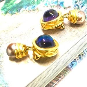 Givenchy Paris purpleblue iolite cabochon gold tone earrings. Vintage Givenchy